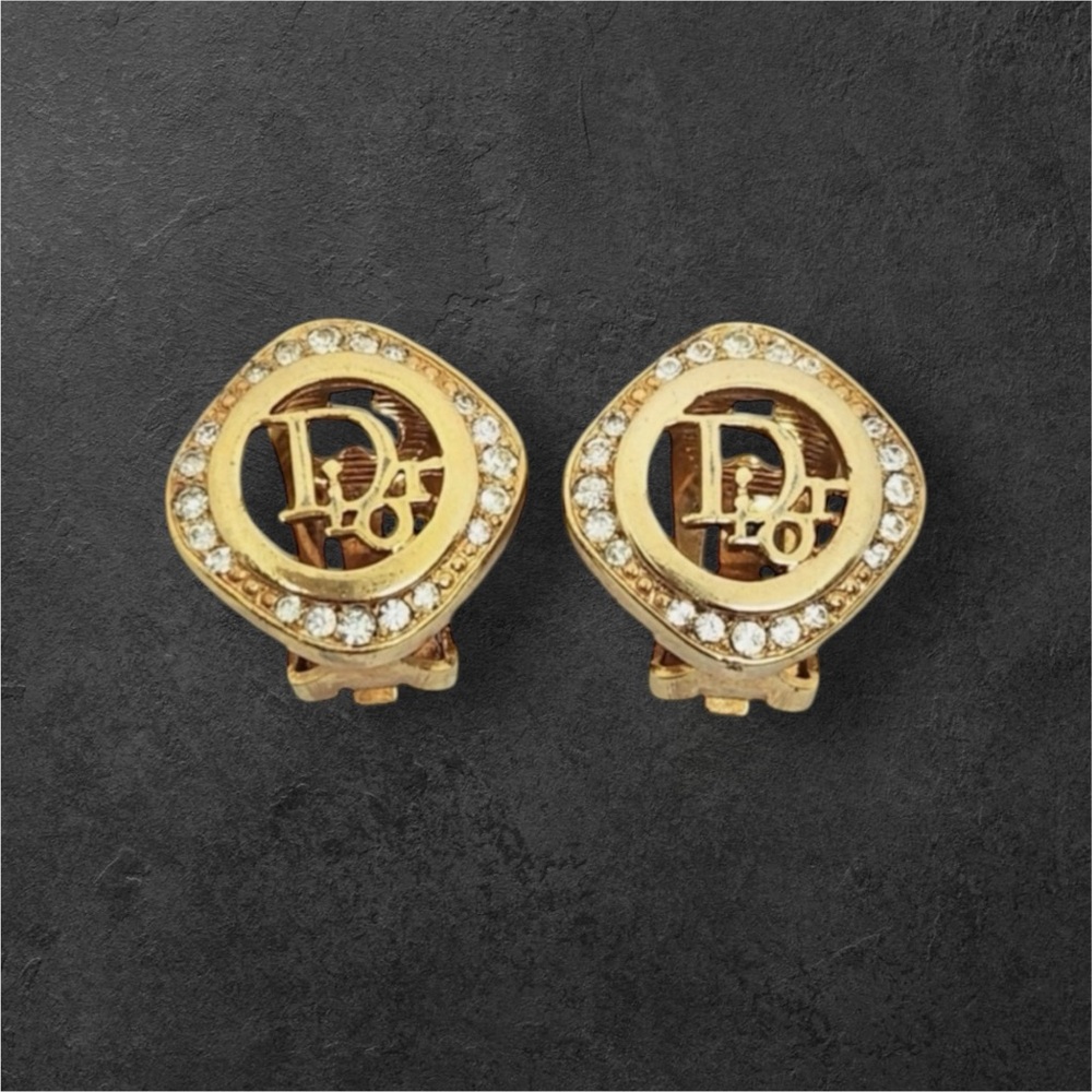 DIOR Vintage Gold-tone Crystal Rhinestone Clip-On Earrings